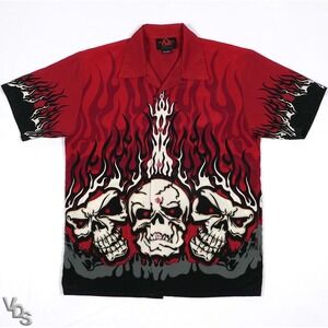 VTG Dragonfly Skulls & Flames Lounge Shirt Men's S ~ Short Sleeve /Rockabilly